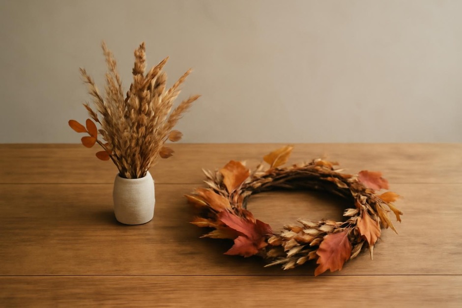 A small dried-botanical arrangement beside a handmade autumn wreath on a wooden table
