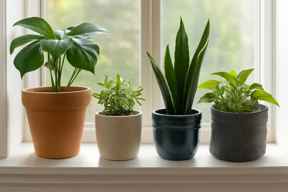 Assortment of indoor plant pots including terracotta, glazed ceramic, plastic and fabric on a windowsill