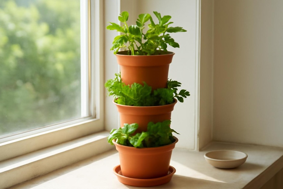 Stacked self-watering herb pots on a sunny windowsill