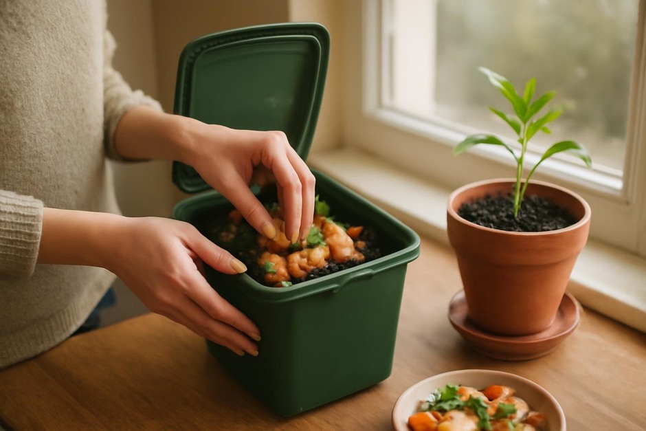 Hands adding vegetable scraps to a compost bin near a window