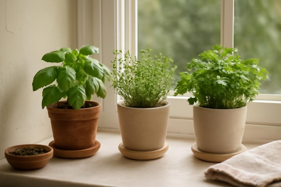 Three small herb pots on a sunny kitchen windowsill