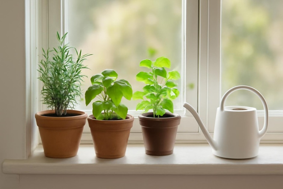 Windowsill with small potted herbs and a watering can