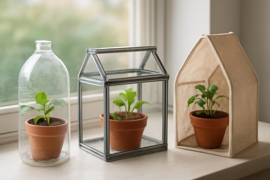Three small indoor greenhouse types: plastic bottle cloche, glass cabinet, and fabric tent on a windowsill