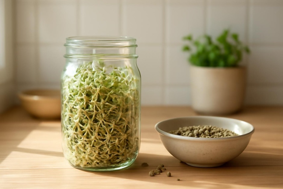 Glass jar with green lentil sprouts on a sunny kitchen counter