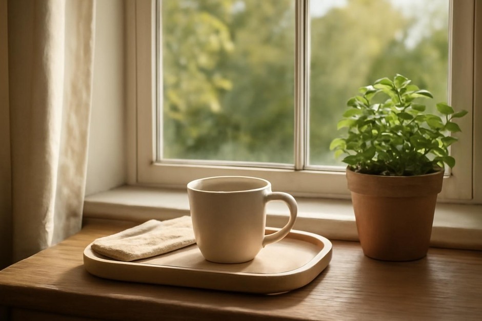 A sunny kitchen window with a small tray, mug of tea, and a pot of herbs on the sill