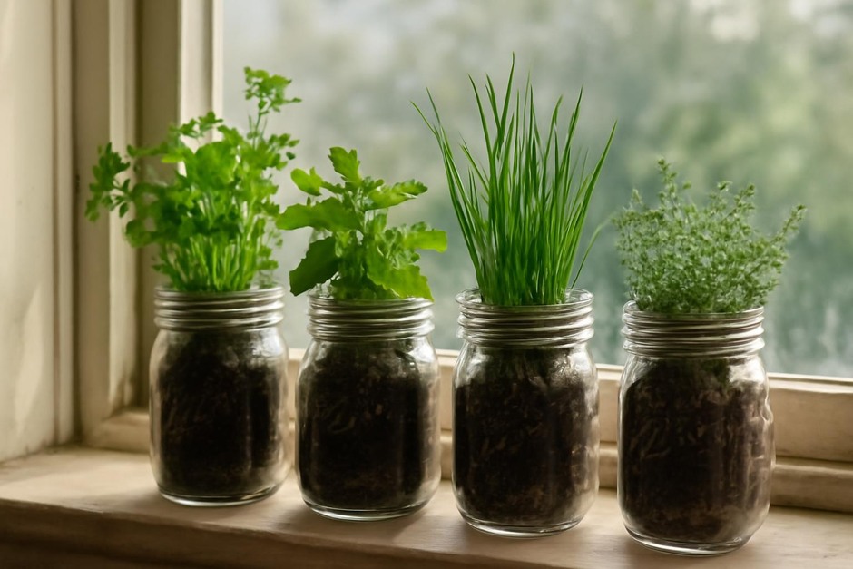 Mason jar herb garden on a sunny windowsill