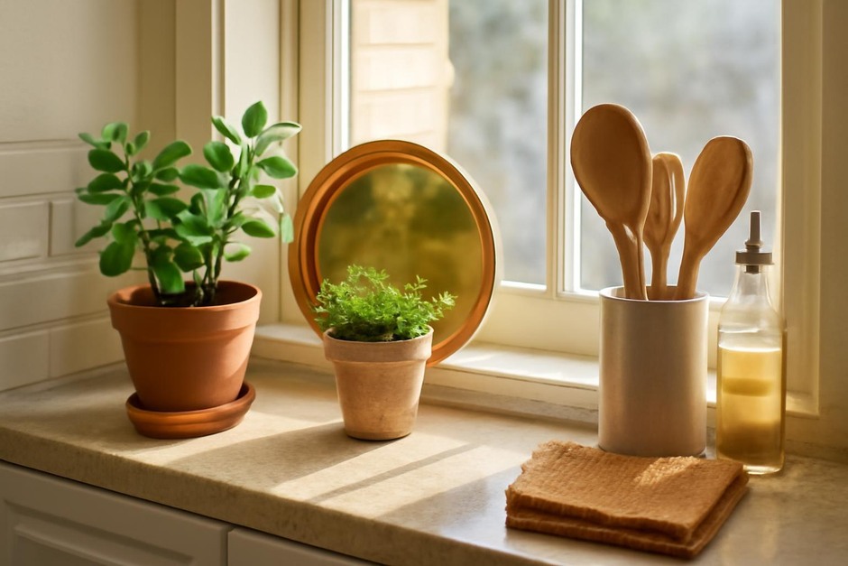 Sunlight on a small kitchen windowsill with plants and reflective surfaces
