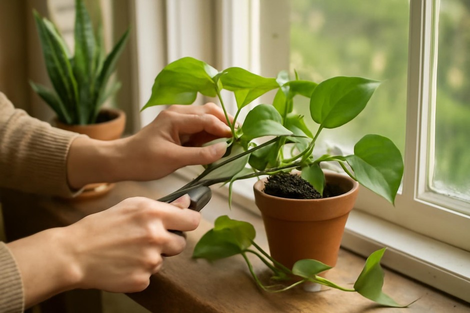 Hands pruning a pothos on a sunny windowsill