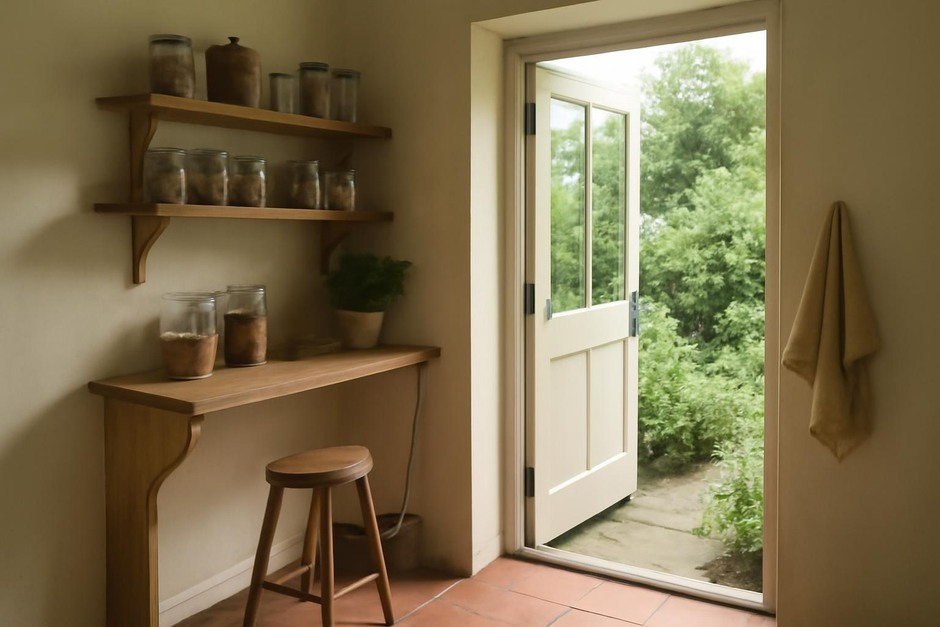 A cozy backdoor nook with shelves, jars, and a small stool overlooking a garden