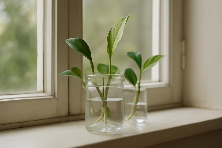 Glass jar with plant cuttings on a windowsill