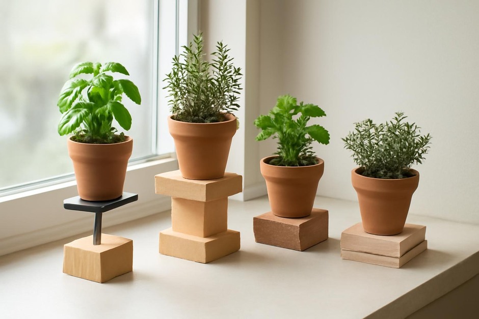Four DIY windowsill plant stand experiments with small potted herbs arranged on different risers