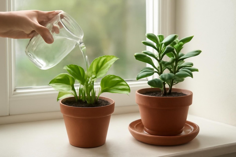 Two potted plants on a windowsill, one being watered from above and one with roots sitting in a shallow saucer of water