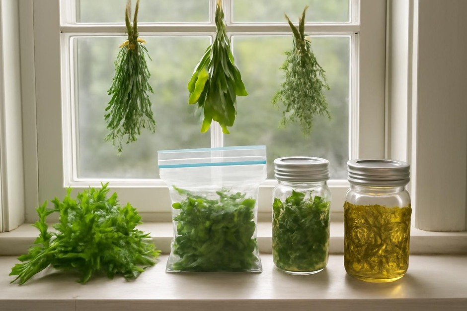 Fresh herbs on a windowsill with drying bundles and jars