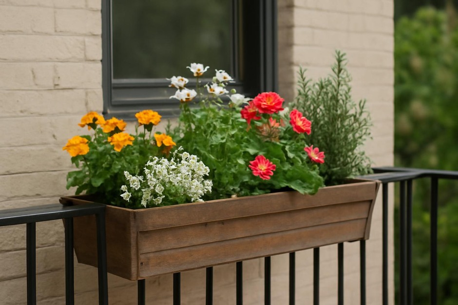 Window box with seasonal flowers and herbs on an apartment railing