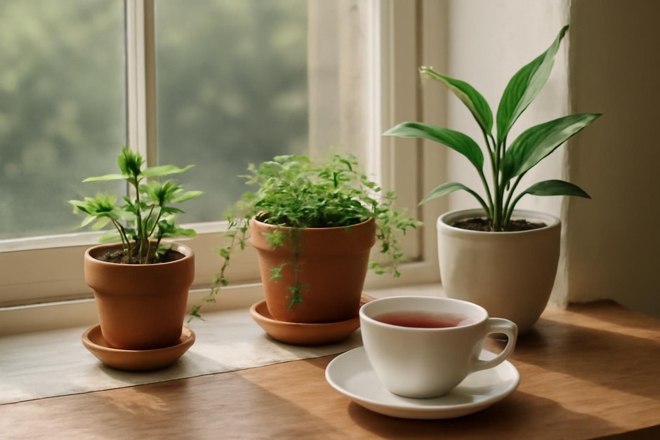 Sunlit windowsill with small plants and a teacup